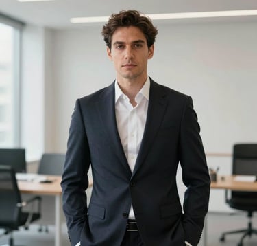 A sophisticated professional portrait of a man in a tailored dark suit, standing in a brightly lit, minimalist office space in Geneva. Quiet luxury style, soft focus background, Swiss professional attire.