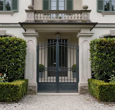 Photography of a discreet, elegant entrance to a private mansion in the European Swiss style. Clean gravel, manicured hedges, and a heavy dark metal gate. Soft, overcast lighting creating a professional and exclusive atmosphere.