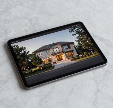 Clean minimalist photography of a high-end digital presentation on a tablet resting on a marble surface. The screen shows a professional property video. Aesthetic is modern, professional, and exclusive.