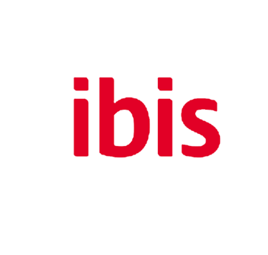 Official red ibis hotel logo centered on a white pillow shape background.