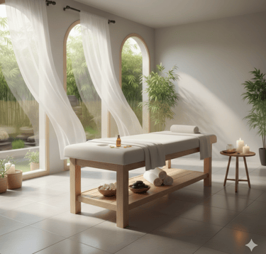 camilla de masaje, con velas y aceites esenciales