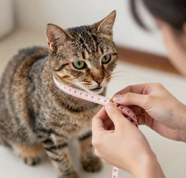 A person using a pink measuring tape to measure the neck size of a domestic tabby cat for a collar.