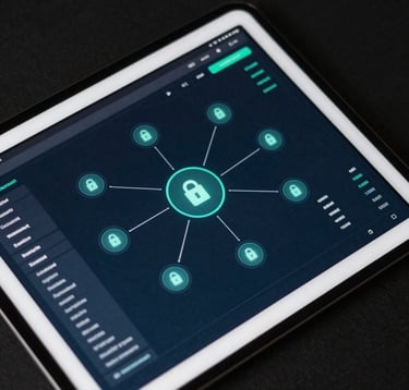 A professional, top-down photograph of a high-tech tablet displaying a clean, sophisticated financial dashboard. The interface shows interconnected nodes and blockchain data in dark teal and navy tones. The lighting is crisp and modern, emphasizing security and transparency.