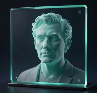 A close-up photograph of a professional-looking digital avatar appearing on a sleek glass interface in a dark navy studio. The avatar is illuminated by soft aquamarine light, conveying wisdom and technological sophistication.