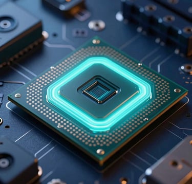 A close-up of a high-tech processor glowing with soft teal energy, surrounded by dark navy metallic components. The lighting is sharp and professional, conveying cutting-edge AI development and foundation.