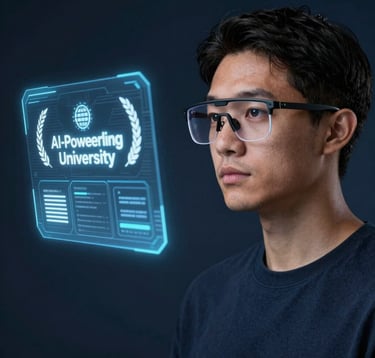 A professional portrait of a diverse person wearing high-tech glasses, looking at a glowing misty blue holographic educational interface. The background is a clean, dark navy studio setting, symbolizing the AI-powered digital university experience.