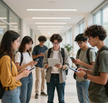 A bright, clean photography of a diverse group of students in a futuristic university corridor, illuminated by soft off-white light. They are engaged with advanced technology, emphasizing a successful global educational expansion.