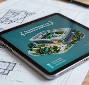 A close-up shot of architectural blueprints for a modern educational facility, partially covered by a sleek, transparent tablet showing digital token data. The lighting is bright and clean with deep teal accents, suggesting growth and secure investment.