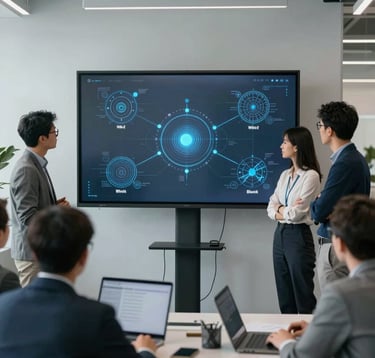 A group of professional innovators in a bright, modern office space collaborating around a large screen displaying Web3 infrastructure nodes. The scene uses soft grey and misty blue tones to evoke a sense of collaborative, sophisticated technology.