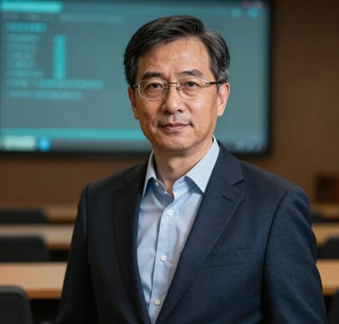 A high-quality portrait of a sophisticated, hyper-realistic AI avatar acting as a professor. The avatar is dressed in professional attire with a background of a blurred digital lecture hall in dark navy and teal lighting, looking forward with clarity and impact.