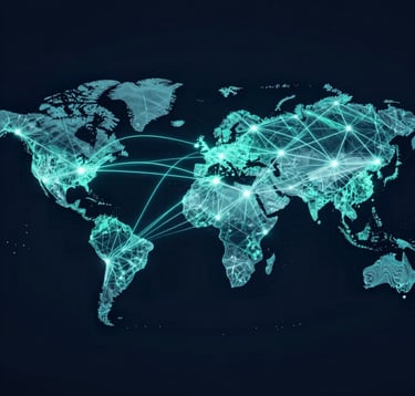 A high-speed photography shot of a digital network visualized as glowing soft teal light trails connecting major global hubs on a dark navy background. The image represents global connectivity and blockchain launch.