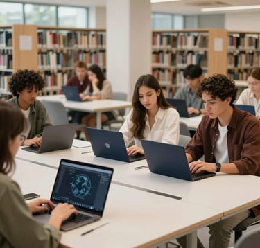 A lifestyle photograph of a diverse group of global students collaborating in a modern, sun-drenched library. The scene is filled with off-white furniture and dark navy laptop accents, symbolizing global connectivity.