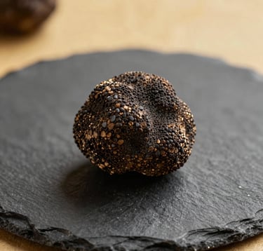 Top-down, high-fashion food photography of a single, premium black truffle on a textured slate plate, illuminated by sharp golden light. The mood is expensive and professional, featuring #0F0F0F and #D4AF37 tones.