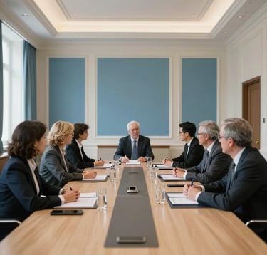 Photography of a professional meeting in a bright, contemporary conference room, featuring elegant European architectural details and mid-blue accents.