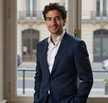 A professional portrait of a man in a navy blue suit standing in front of a window overlooking a Parisian street. He has a confident and welcoming expression. The lighting is balanced and highlights a professional charcoal and silver aesthetic.