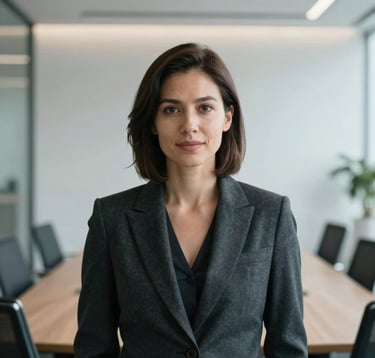 A professional portrait of a female financial executive in a modern European office. She is wearing a dark charcoal blazer. Behind her, a blurred view of a bright, light silver minimalist meeting room. Soft, natural lighting creates a trustworthy and intelligent atmosphere.