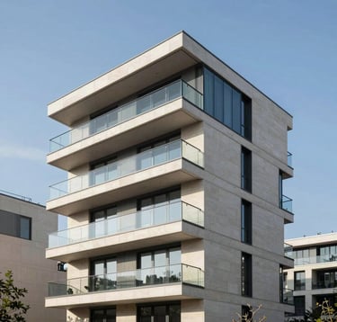 A high-quality architectural photograph of a modern residential building in a prestigious French neighborhood. The design features clean lines, large glass balconies, and elegant stone textures under a clear blue sky. Professional and high-status composition.