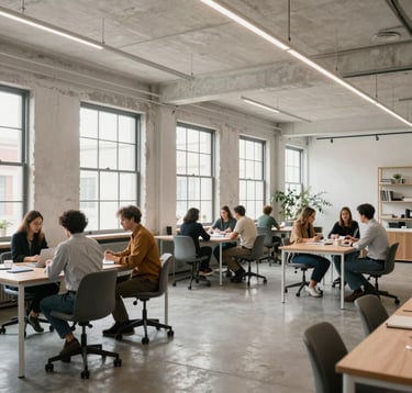A wide-angle shot of a bright, modern startup incubator in a renovated industrial loft. The space features large windows, ergonomic furniture, and a group of professionals in smart-casual attire collaborating in a clean, minimalist environment.