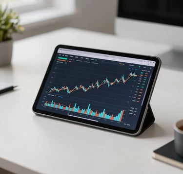 Clean photography of a professional workspace with a tablet displaying financial growth charts, high-end European minimalist design, soft natural lighting.