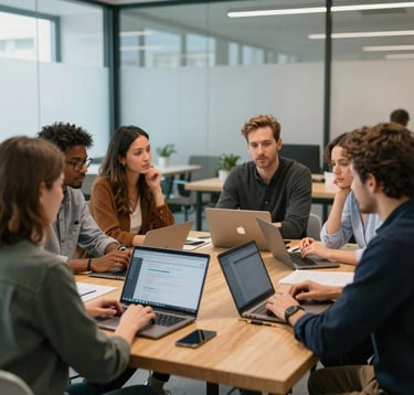 Professional photography of a diverse group of entrepreneurs in a modern European coworking space, engaged in a strategic meeting around a wooden table with laptops. The setting is bright and innovative, with glass partitions and soft muted blue accents in the background.