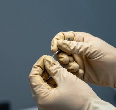 A close-up photograph of professional hands in soft gold beige gloves demonstrating a precision aesthetic technique. The background is a clean, blurred dark slate blue, focusing on the expertise and care of the procedure.