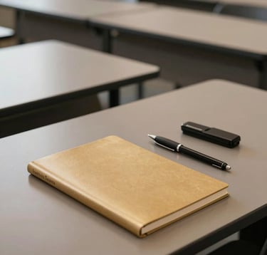 A high-end classroom setup at the Instituto Tavares. Sophisticated muted taupe brown tables hold sleek aesthetic tools and soft gold beige notebooks. The lighting is soft and professional, reflecting an elite learning environment.