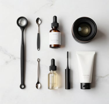 A minimalist flat lay of premium aesthetic tools and professional products on a white marble surface with warm off-white highlights. The composition is clean and organized, conveying professional sophistication.