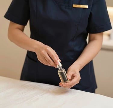 A detailed shot of a premium aesthetic treatment. A professional in a clean, dark slate blue uniform is preparing a serum. The setting features soft off-white textures and warm golden beige lighting, conveying luxury and hygiene.