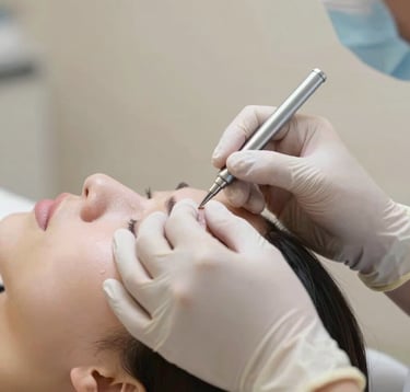 Professional hands in clinical gloves performing a precise aesthetic procedure on a client's profile. The focus is on the steady, expert movement. The background is a blurred soft off-white clinical setting. Lighting is professional and clear.