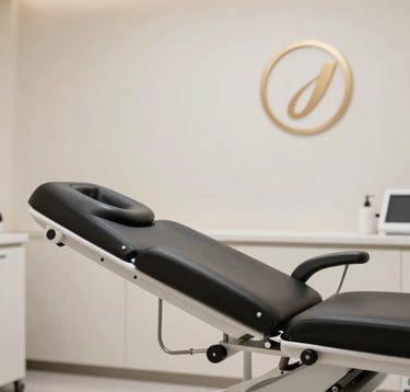 A close-up photograph of a modern, clean treatment room. The equipment is sleek and minimalist. In the background, a warm off-white wall features a subtle champagne gold logo. The overall composition is balanced and professional, emphasizing clinical excellence and luxury.