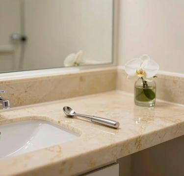 A close-up photograph of a minimalist, luxury clinical room. Details include a golden beige marble countertop, a sleek silver medical tool, and a small glass vase with a white orchid. The lighting is bright but soft, emphasizing a sterile yet welcoming environment.