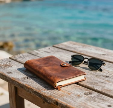 A close-up of a rustic wooden table overlooking a quiet, turquoise Mediterranean cove. On the table is a leather-bound travel journal and a pair of sunglasses. The lighting is soft morning sun, with the brand colors #A8C9CF and #3E6B7A present in the water and shadows.