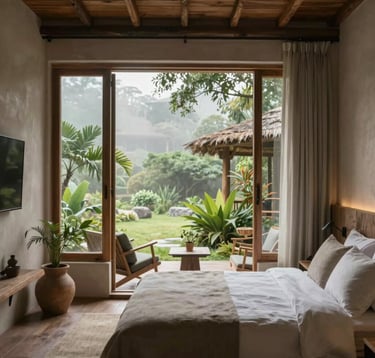 An elegant, authentic interior of a boutique eco-lodge. Large windows open onto a lush, misty garden. The decor uses natural linen, stone, and wood, with a palette of #F7F9FA and #1C2C39 for a sophisticated, peaceful vibe.