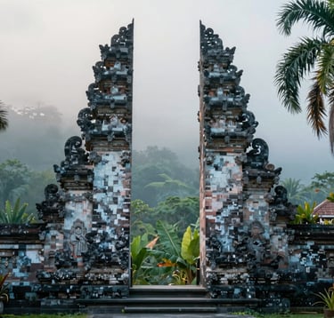 A symmetrical and serene view of an ancient stone temple gate framed by lush tropical greenery at sunrise. The soft, misty atmosphere creates a sense of tranquility and adventure. The stone textures incorporate cool tones like #A8C9CF.
