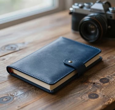A close-up of a luxury leather travel journal and a high-end camera resting on a rustic wooden table, soft natural light from a window, incorporating deep blues like #1C2C39 and light highlights of #F7F9FA.