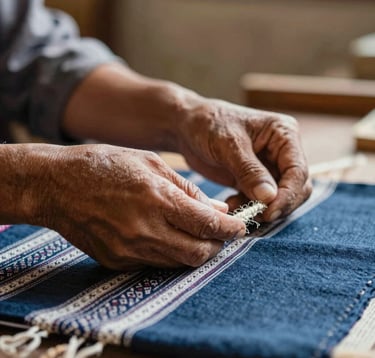 A close-up, authentic shot of a local artisan's hands working with traditional textiles. The lighting is warm and natural, with hints of muted blues (#3E6B7A) in the fabric and a soft, shallow depth of field. Evokes cultural immersion and personal storytelling.