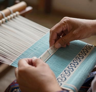 A close-up, artistic shot of hands engaged in traditional textile weaving. The lighting is warm and natural, highlighting the intricate textures of the threads. The colors include subtle hints of #A8C9CF and #3E6B7A within the fabric patterns. Sophisticated and cultural mood.