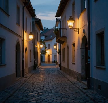A narrow cobblestone street in a hidden European village during the golden hour. Warm lanterns contrast with deep blue shadows (#1C2C39). The scene is authentic and inviting, capturing the magic of finding the unexpected.