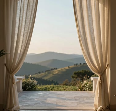 A serene terrace at golden hour. Soft linen curtains frame a view of rolling hills. The scene is elegant and inviting, featuring a sophisticated palette of #3E6B7A and warm sunlight, evoking a sense of deep relaxation.