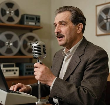 An authentic, documentary-style photograph of an Eastern European / Romanian radio commentator from the late 20th century speaking passionately into a classic desktop microphone. The background is filled with stacks of archival tape reels and warm, soft room lighting.