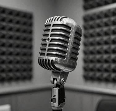 A striking black and white studio portrait of a classic 1960s heavy steel broadcasting microphone. The background is a soft-focus view of sound-absorbing acoustic panels in an old Eastern European radio booth. The lighting is soft and dramatic, accentuating the polished metal textures.