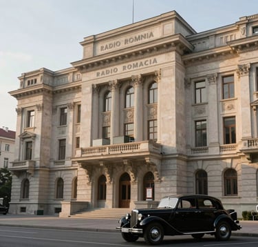 An editorial-style photograph of the historic Radio Romania broadcasting building facade in Bucharest under soft morning light. Elegant neoclassical architecture, a vintage black automobile from the 1930s parked nearby, clean and scholarly composition, warm grey and cream color scheme.