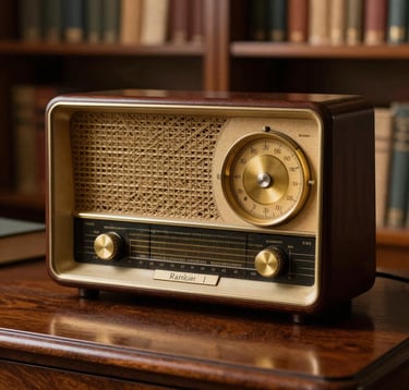 A detailed close-up photograph of a vintage 1930s Romanian bakelite radio receiver with delicate brass dials. It rests on a polished dark mahogany desk in a scholarly study with shelves of books visible in the soft background. The lighting is a warm gold, evoking a nostalgic European heritage.