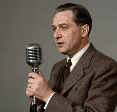 Archival studio portrait of a distinguished Eastern European / Romanian male radio presenter from the 1940s, dressed in a classic vintage suit. He is speaking with dedication into an old metal broadcasting microphone. Warm grey background, scholarly editorial lighting, historical archival photography style.