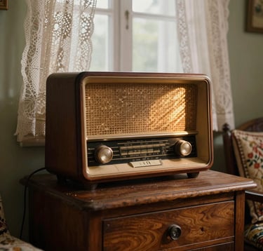 An evocative, warmly-lit interior photograph of an Eastern European / Romanian family room in the 1960s. A large, beautifully crafted wooden tabletop radio sits on a side table, glowing softly as evening light streams through lace curtains. Sophisticated historical curation style.