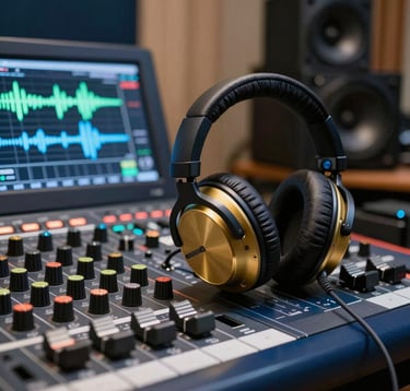 A professional photography of a modern digital audio archiving studio in Bucharest, Romania. High-end modern headphones rest beside a digital sound mixer showing clean waveforms, blending contemporary digital technology with nostalgic gold and deep slate blue tones.