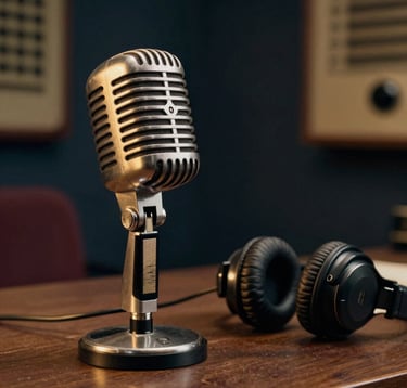 A high-fidelity editorial photograph of a vintage 1950s microphone on a desk in a Romanian radio station. Warm nostalgic gold light highlights the metallic finish of the microphone next to a pair of old-fashioned bakelite headphones. Scholarly and warm mood, dark midnight navy shadows.