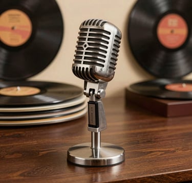 A crisp, scholarly studio photograph of an antique metal broadcasting microphone from the 1940s, standing on a polished dark wood desk. In the background, vintage vinyl records are neatly stacked. The style is nostalgic and sophisticated, with warm gold and deep slate tones.