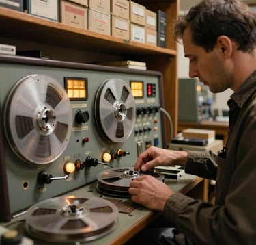 A close-up documentary photograph of a Romanian sound engineer in an vintage editorial archive, cataloging old magnetic reel-to-reel tapes. The atmosphere is academic and nostalgic, featuring warm amber glowing indicators and rustic shelves filled with tape boxes.