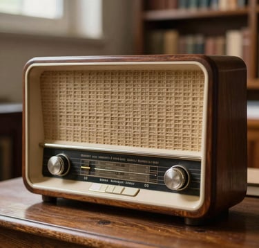 A close-up photograph of a beautifully crafted wooden classic radio receiver from the mid-20th century, located in a quiet library room in Bucharest, Romania. Soft natural morning light falls over its polished grain, vintage cream and warm stone gray tones, creating an atmosphere of historical preservation.